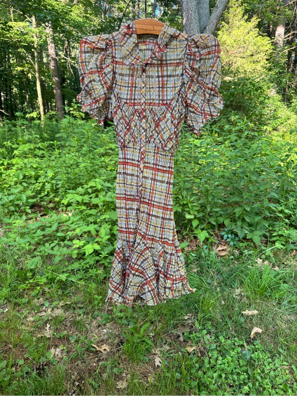 Doen Silk Plaid Puff-Sleeve Midi Dress in Brown, Red, Olive